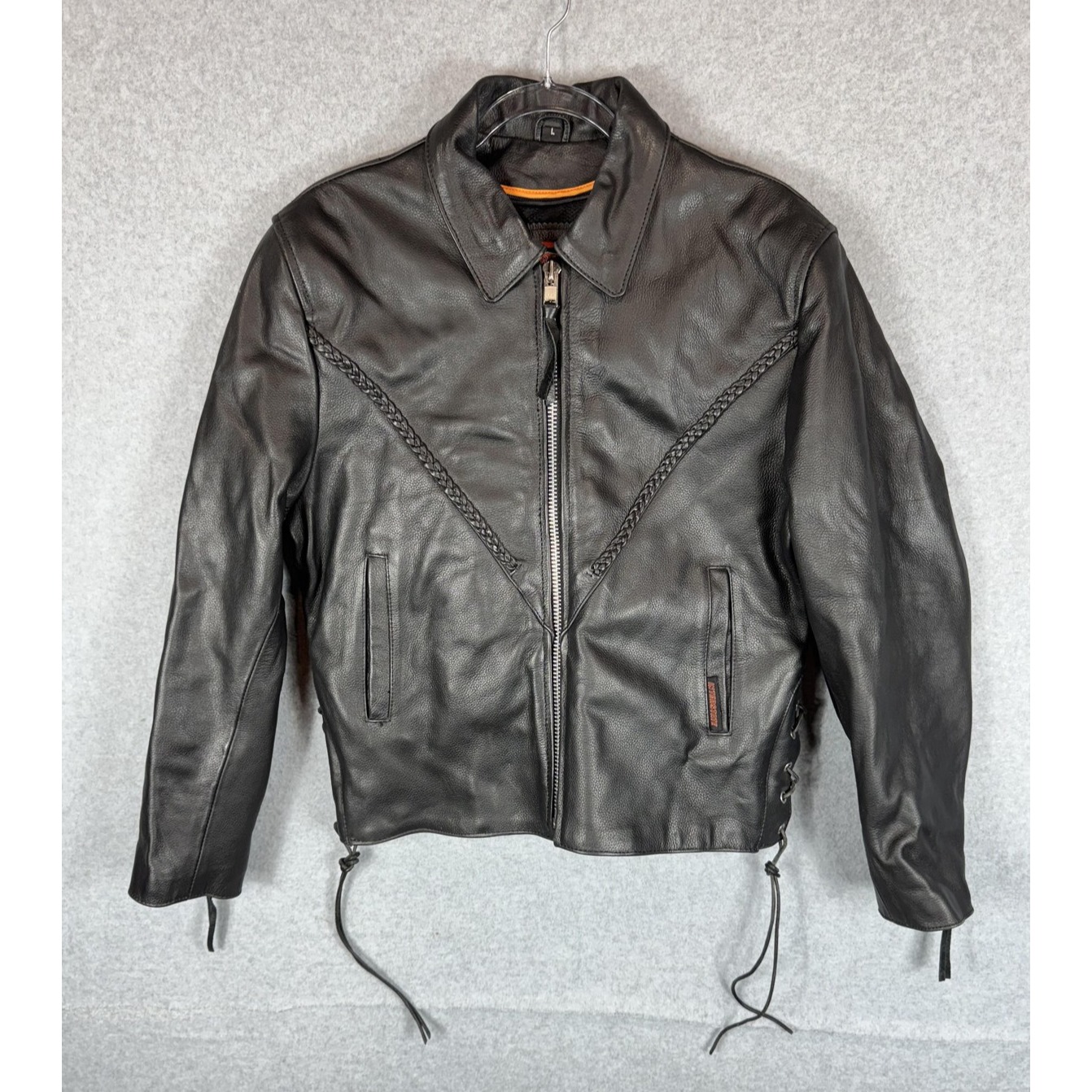 Interstate Leather Jacket Mens Large Biker Motorcycle Braided Trim Zip 2010